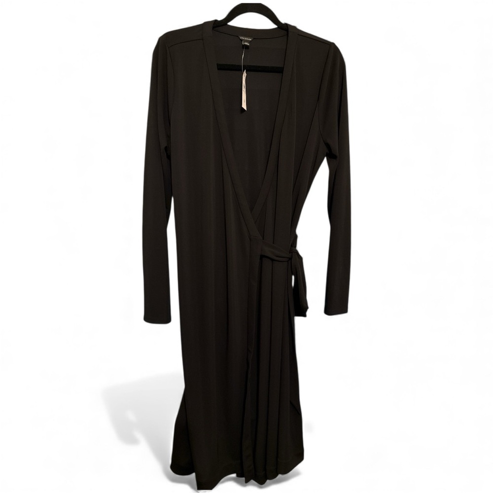 NWT Ann Taylor Womens Black Long Sleeve Wrap Robe Size 14 V-Neck